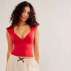 Free People Red Structured V-Neck Cap Sleeve Top
